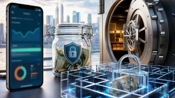 Smartphone banking app, emergency cash jar, and locked digital maze symbolizing savings app cash traps.