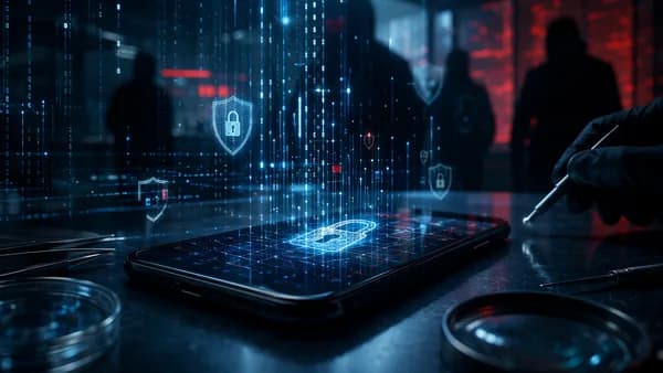 Locked smartphone in a dark forensic lab with glowing security shields and data streams.