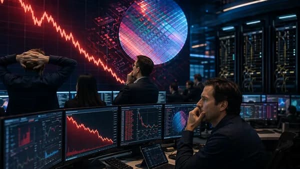 Trading floor with AI chip imagery and a falling market chart after earnings disappointment