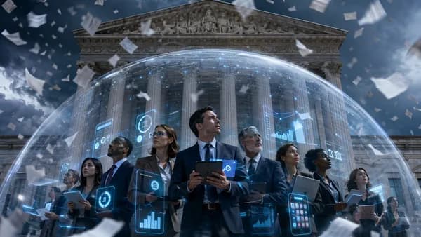 Courthouse scene with protected fintech workers and digital finance visuals symbolizing blocked layoffs