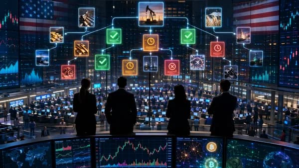 Regulators review prediction market contracts above a busy trading floor with market data displays.