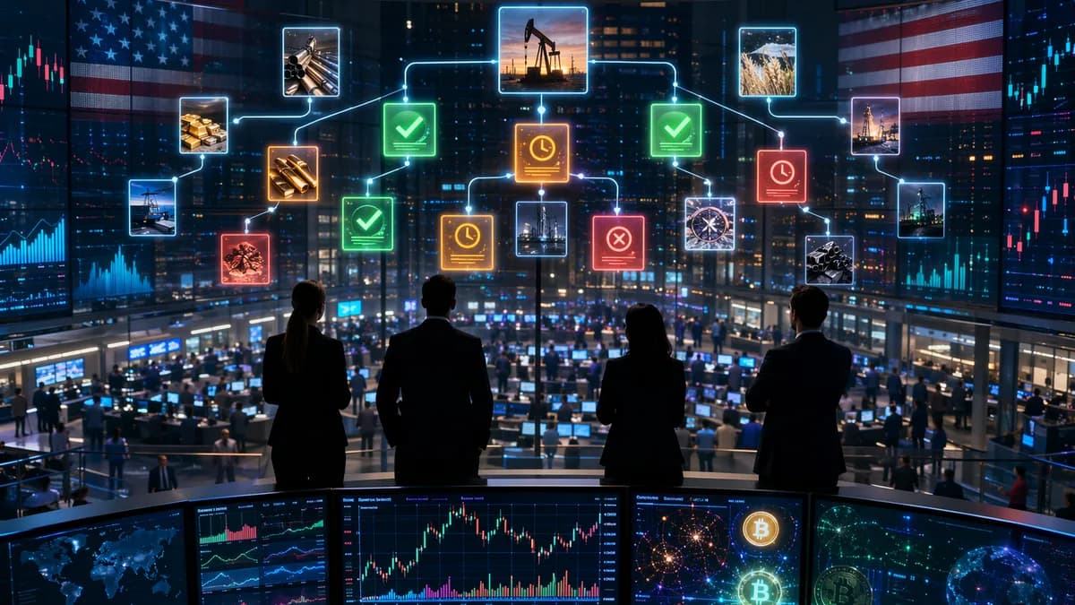 Regulators review prediction market contracts above a busy trading floor with market data displays.