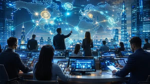 Banks testing near-instant cross-border stablecoin settlement on a glowing global finance network