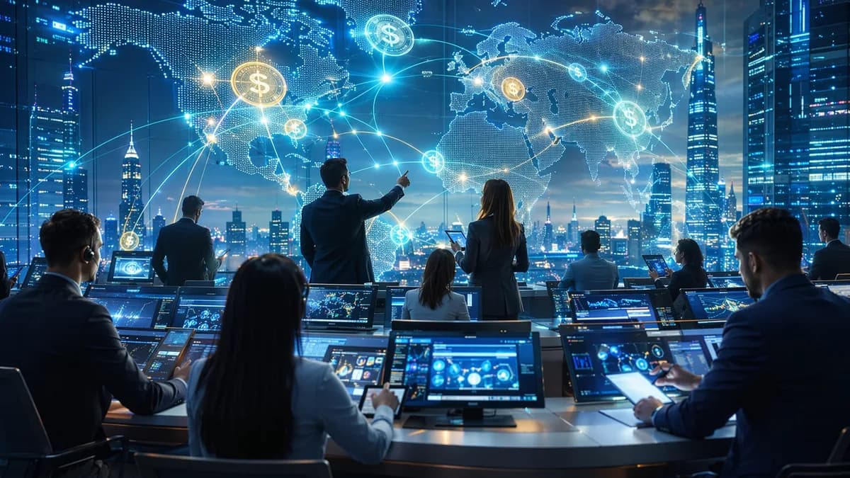 Banks testing near-instant cross-border stablecoin settlement on a glowing global finance network