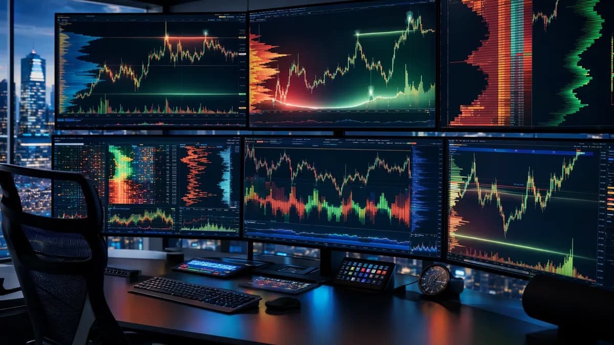 Trader workstation showing abstract volume profile charts, heatmaps, and crypto market data visualizations