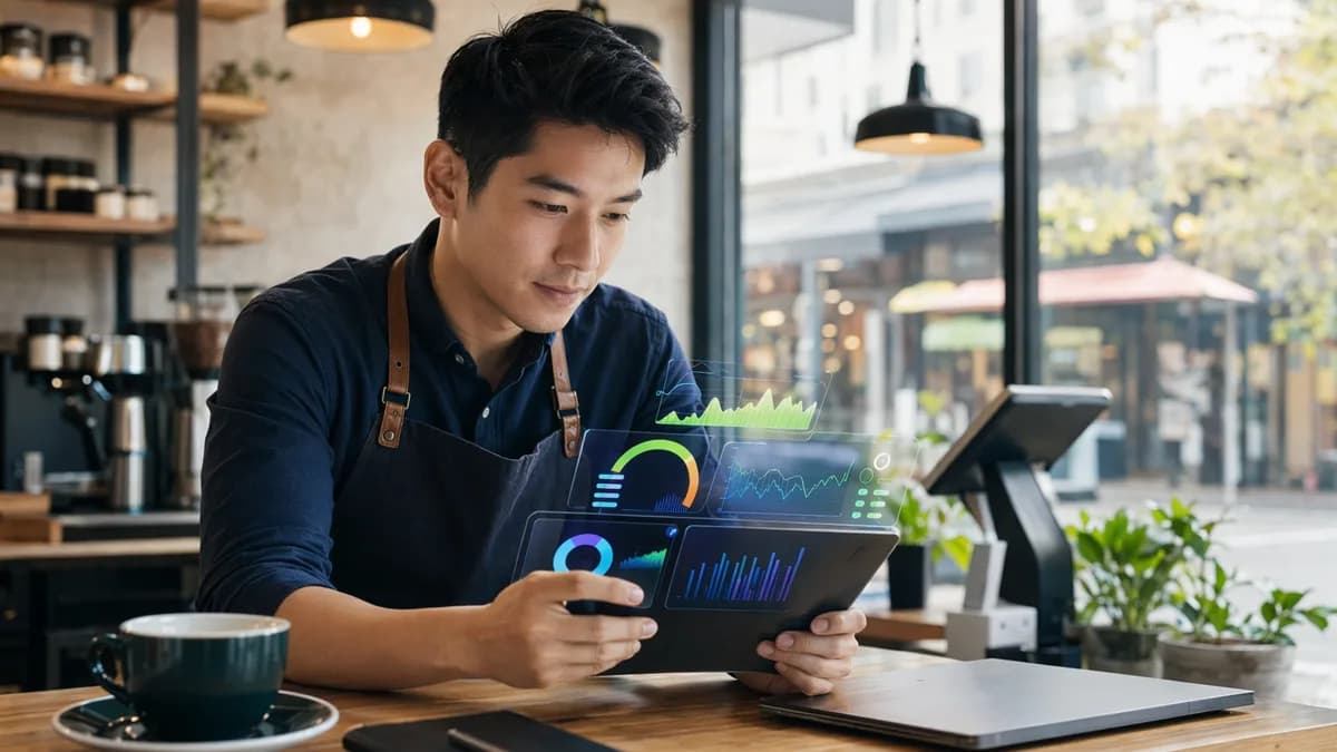 Small business owner reviews digital credit insights and analytics on a tablet in a modern café office.