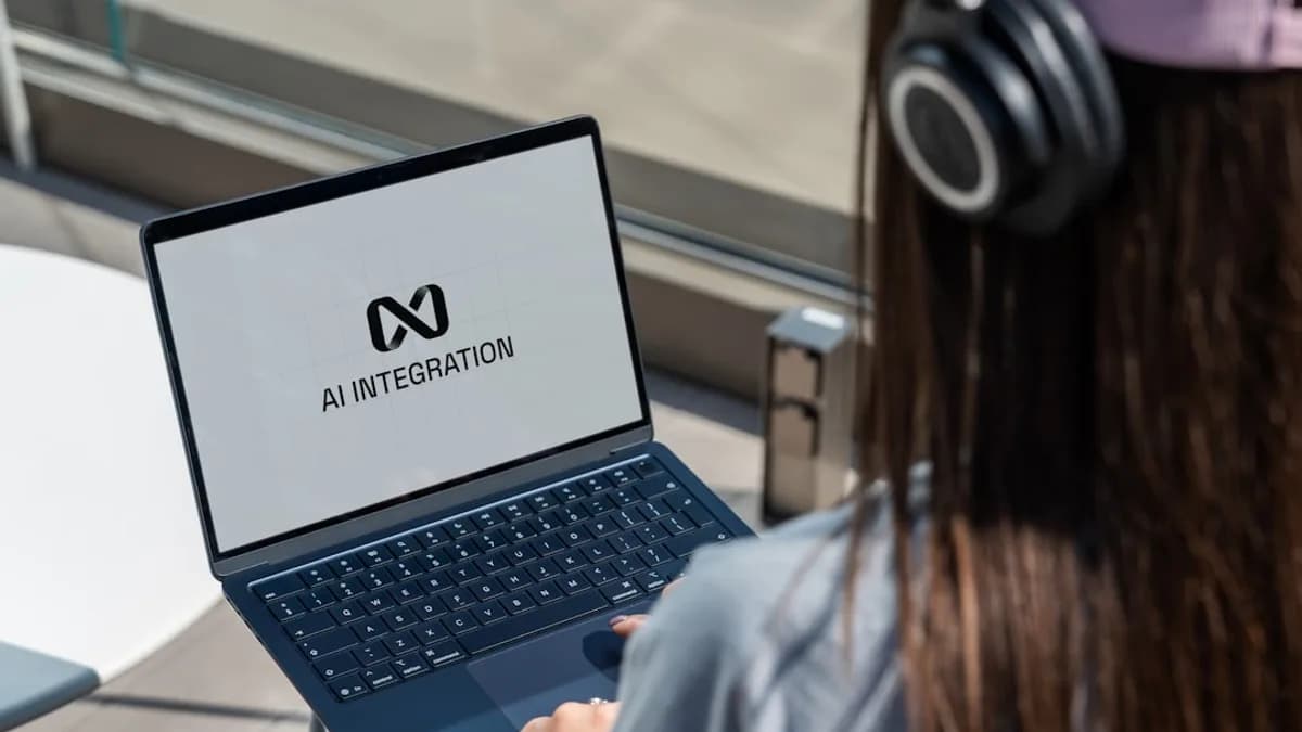 Person using laptop with ai integration logo displayed.