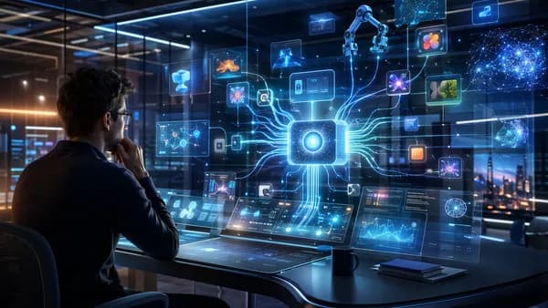 AI engineer overseeing autonomous assistant workflows in a futuristic tech workspace