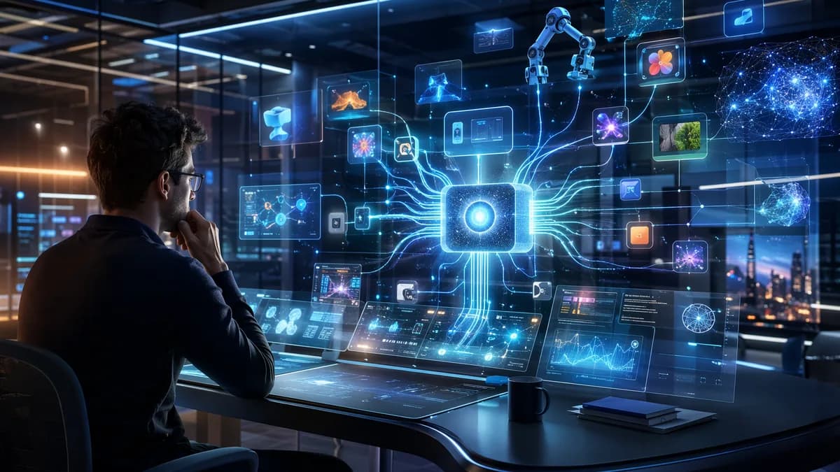 AI engineer overseeing autonomous assistant workflows in a futuristic tech workspace