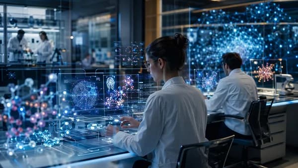 Futuristic research workspace with AI neural networks and glowing scientific data screens
