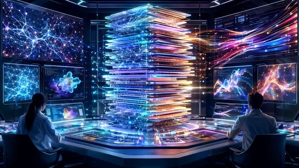 Two futuristic AI workstations compare long technical documents in a sleek innovation hub.