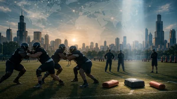 Four football linemen compete at training camp with a global map overlay and dramatic stadium lighting.
