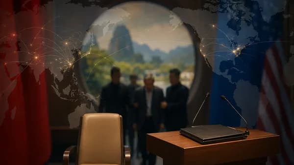 Empty conference chair with blurred officials, world map overlay, suggesting China-US espionage tensions.