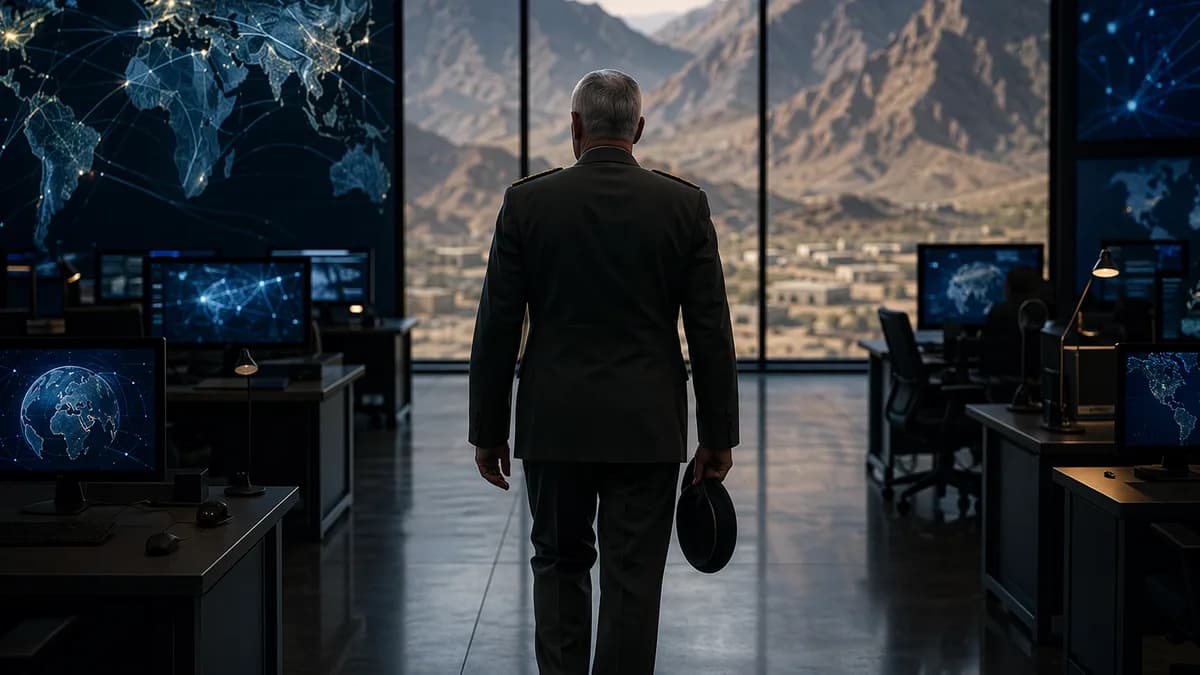 Generic general leaving a global command center with world map and Afghanistan mountains in the background.