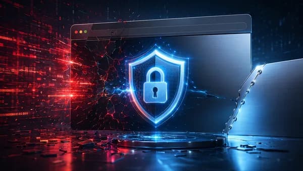Generic browser shielded from an active zero-day exploit in a dark cybersecurity scene.