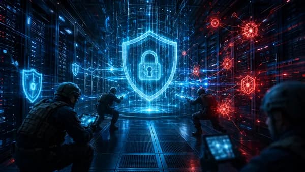 Federal data center protected by glowing cyber shields as urgent vulnerability patches deploy.