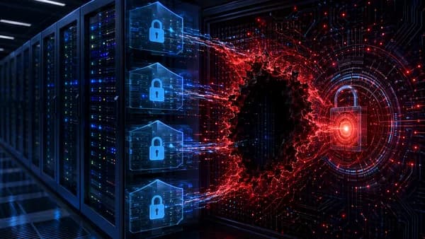 Dark server rack under cyberattack with shields, locks, and data streams symbolizing a cPanel flaw.