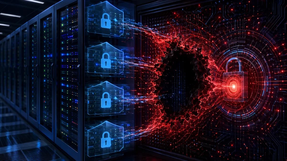 Dark server rack under cyberattack with shields, locks, and data streams symbolizing a cPanel flaw.