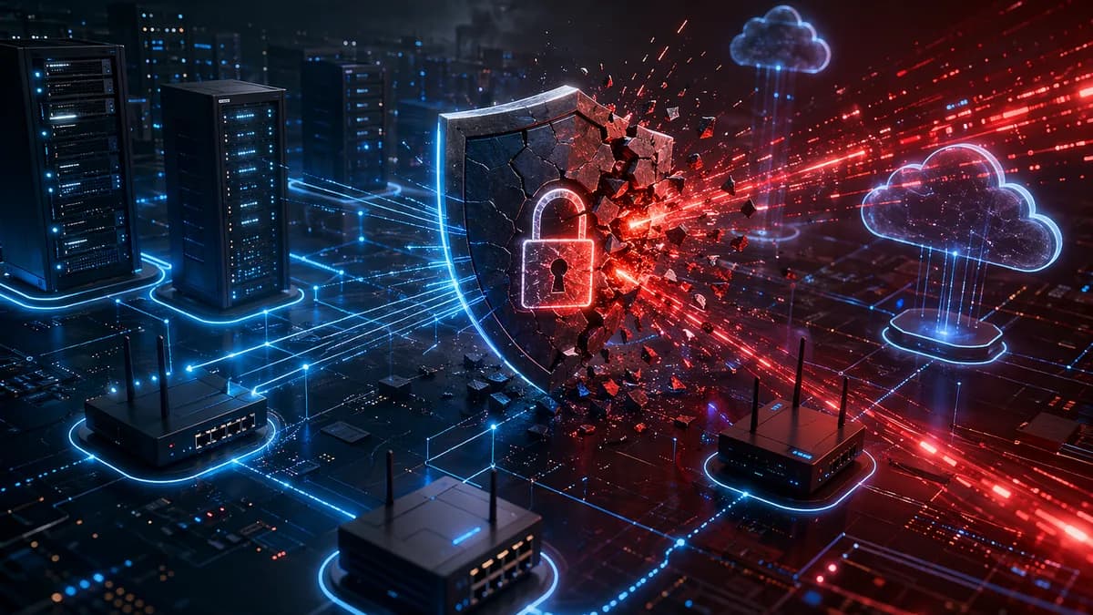 Generic SD-WAN network under cyberattack with cracked shield and glowing data security defenses