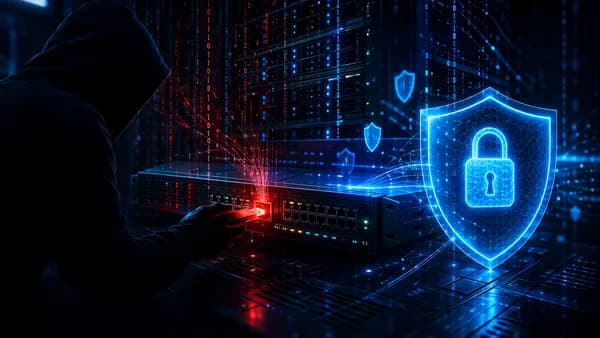 Dark data center network devices under cyberattack with shields, locks, and glowing breach effects