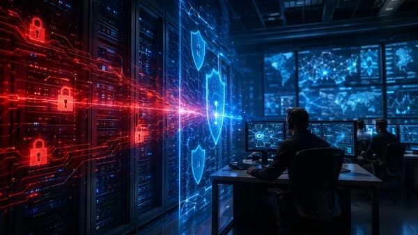 Enterprise communications servers under cyberattack with shields, locks, and code matrix defenses.