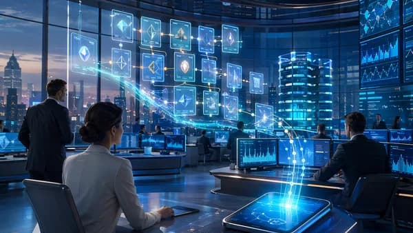 Tokenized private-company equity flowing across blockchain rails in a futuristic bank trading floor.