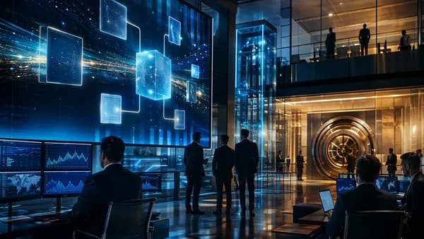 Institutional traders viewing tokenized private shares flowing across a secure blockchain network.