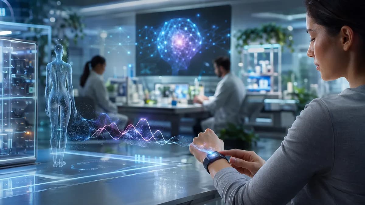 Futuristic wearable health sensor with AI health data visuals in a sleek lab workspace