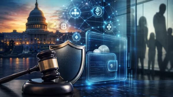 Crypto policy accountability concept with Capitol, gavel, shield, and digital finance network.