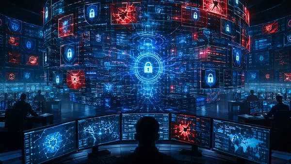 AI agent core amid rapid security patches, shields, locks, and warning glows in a dark cyber operations room.