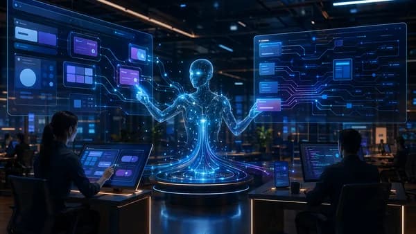 Futuristic AI design workspace with modular UI components, neural networks, and efficient workflow visuals.