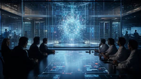 Futuristic AI policy room with officials, researchers, neural networks, and restricted frontier model symbolism