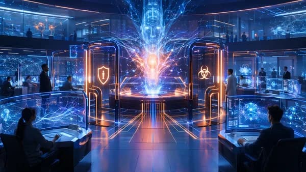 Luminous AI core restrained by digital guardrails in a futuristic tech workspace.