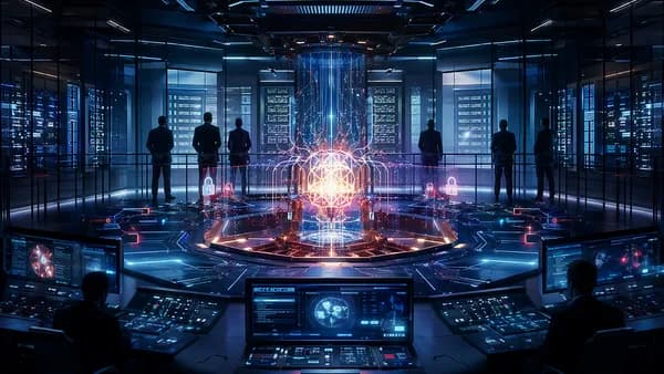 AI server core being shut down in a secure futuristic operations center under government oversight.