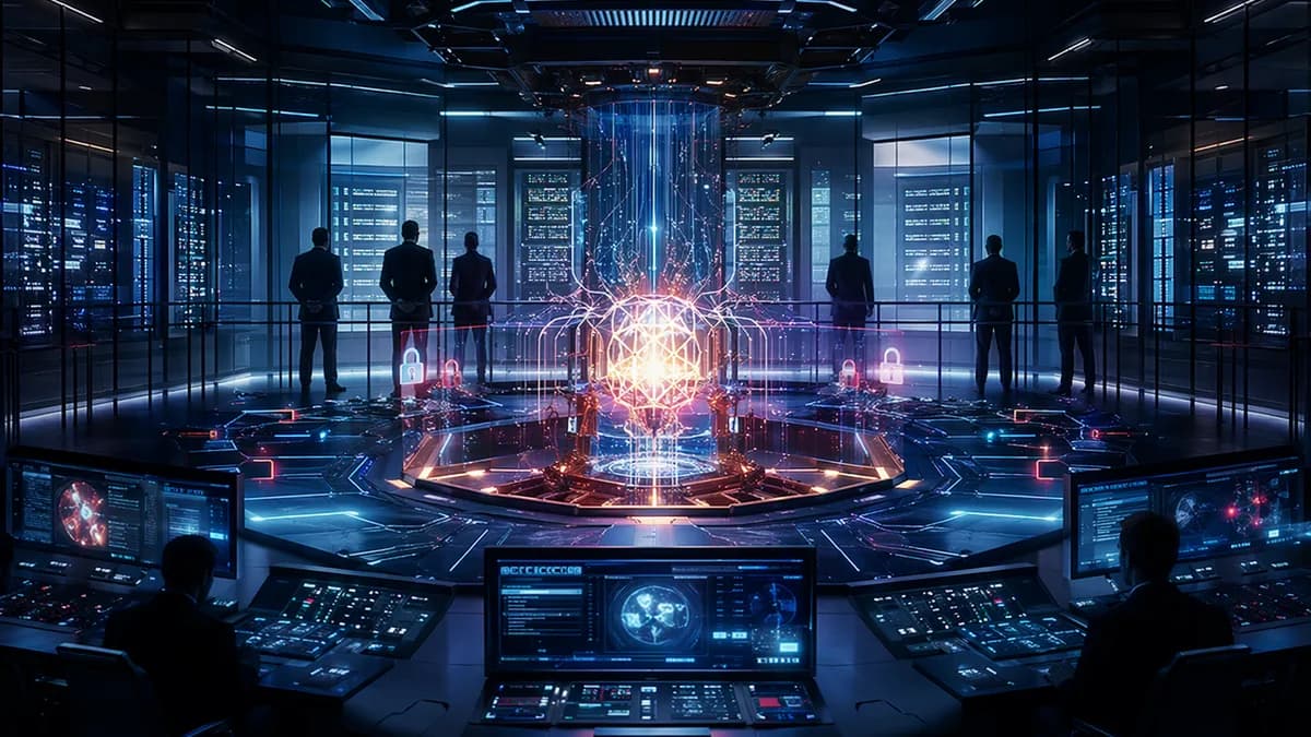 AI server core being shut down in a secure futuristic operations center under government oversight.