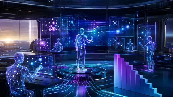 Futuristic AI workspace with digital agents, neural networks, screens, and cost-efficiency visuals.