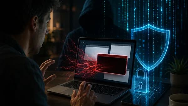 Cybersecurity scene with fake pop-ups, malware tendrils, and protective shield over a laptop.