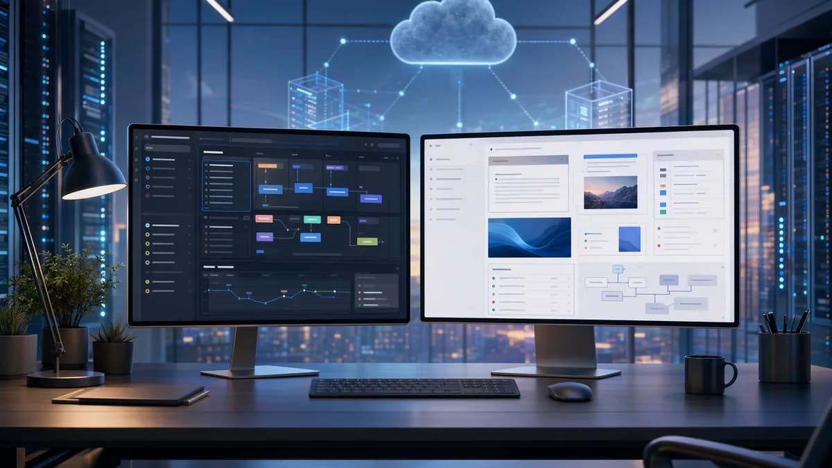 Abstract SaaS dashboards comparing task execution and knowledge workspace tools in a modern cloud office.