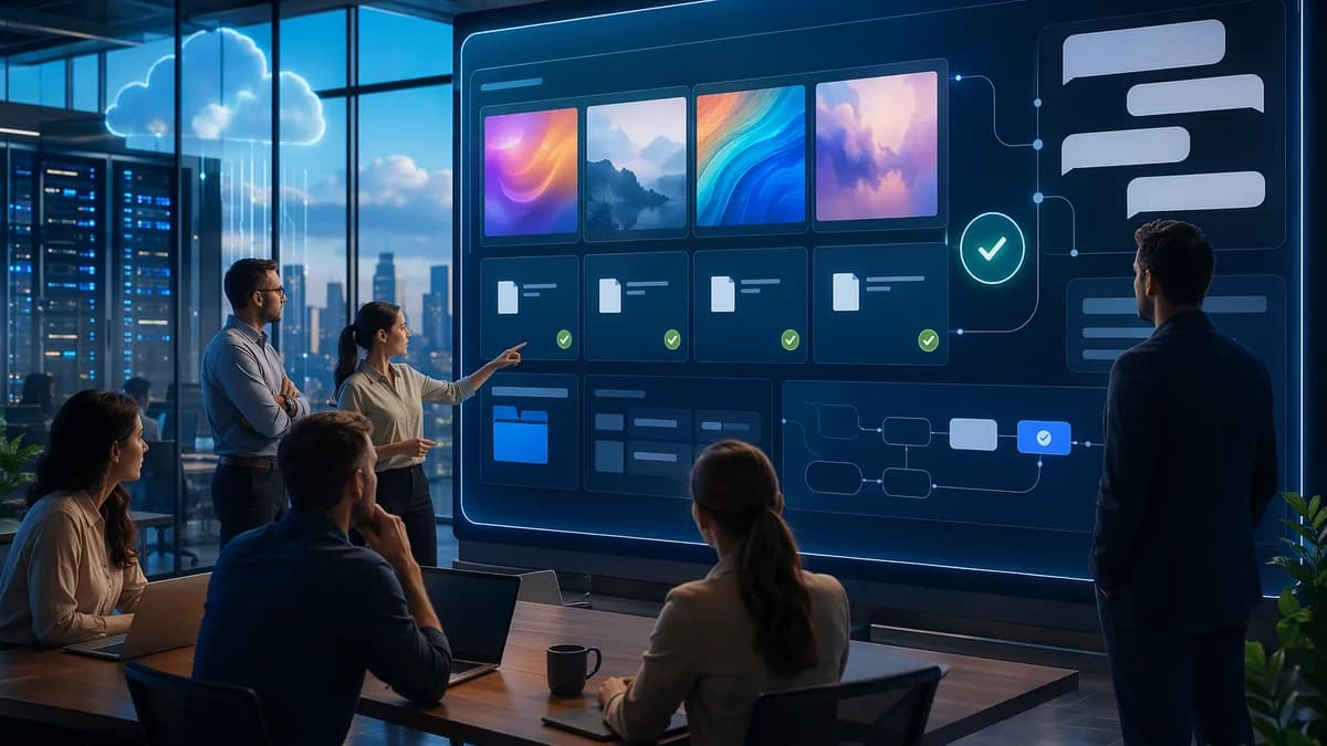 Modern client portal dashboard with teams collaborating on files, feedback, and approvals in a SaaS workspace.