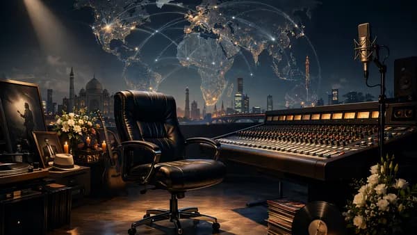 Solemn recording studio memorial with world map backdrop symbolizing a global music legacy.