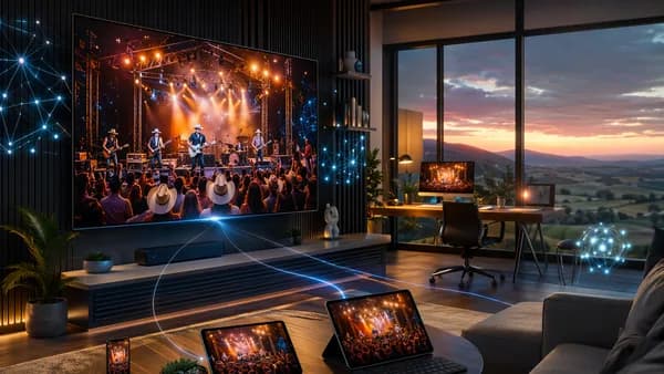 Smart TV and devices streaming a country music festival in a sleek futuristic workspace.