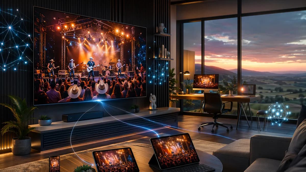 Smart TV and devices streaming a country music festival in a sleek futuristic workspace.
