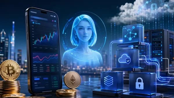 AI investment adviser inside a crypto trading app with developer platform visuals