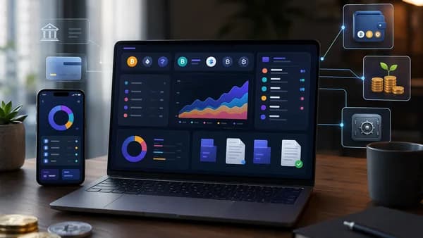 Crypto tax software dashboard with wallet nodes and tax documents on a modern fintech desk