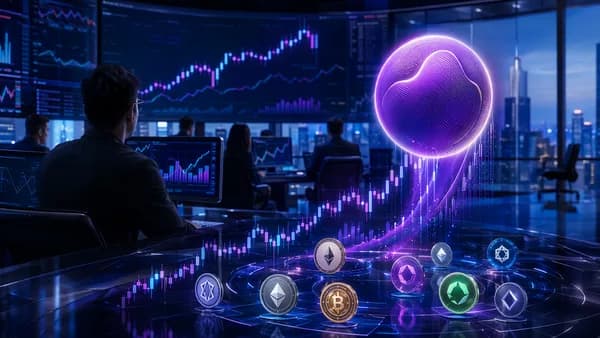 Crypto trading floor with rising charts and a purple asset sphere outperforming a broader market index.