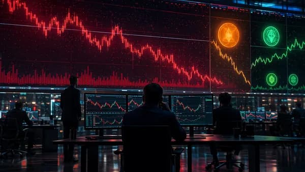 Crypto trading floor with red market decline and a few green assets rising amid data screens