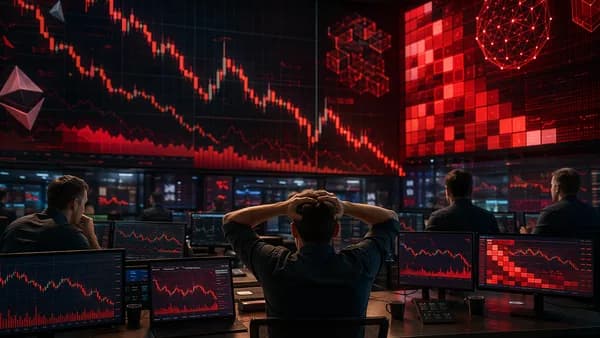 Crypto trading floor with red market charts signaling a broad risk-off decline
