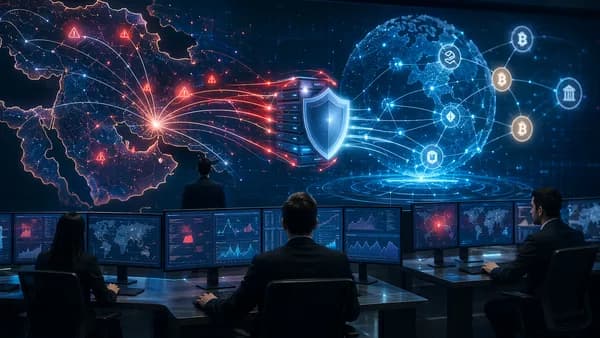 Crypto compliance analysts examine transaction flows and risk signals on a global digital finance network.