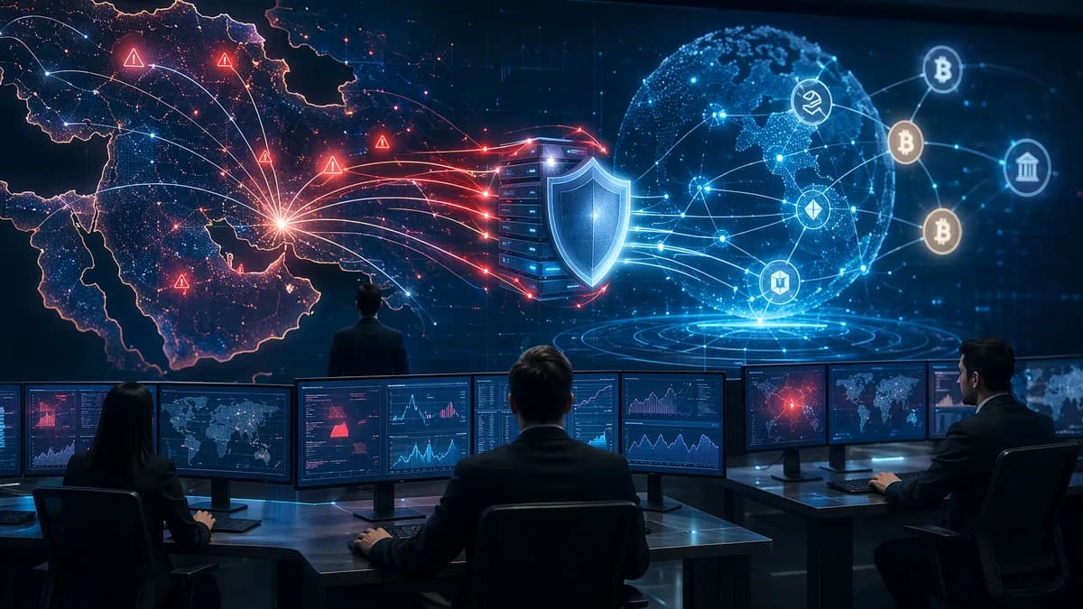 Crypto compliance analysts examine transaction flows and risk signals on a global digital finance network.