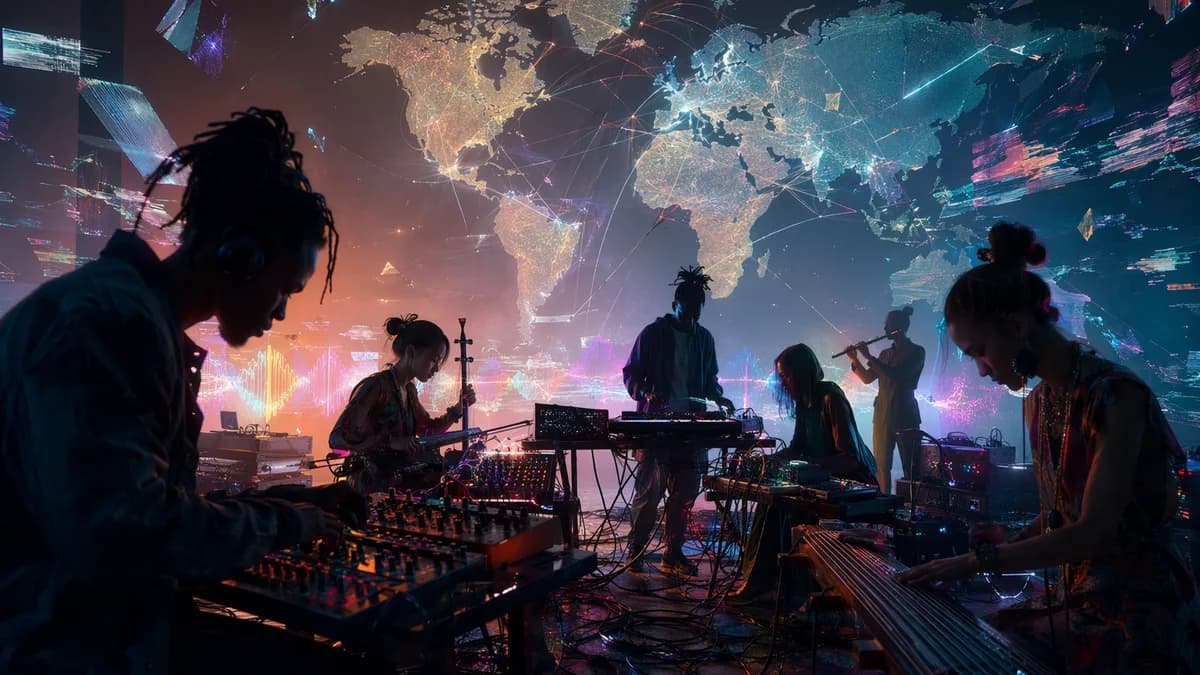 Glitchy global music scene with silhouettes, audio gear, neon waves, and a connected world map.